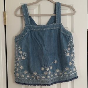 Anthropologie Meadow Rue chambray tank with embroidery.